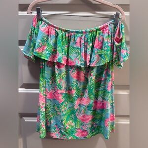 Lilly Pulitzer Pink and Green Flamingo Off-Shoulder Blouse